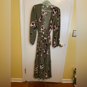 Bar III Olive Green Floral Print Wrap Dress